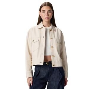 Quince Women's Medium 100% Leather Cropped Jacket Birch White $170 5020